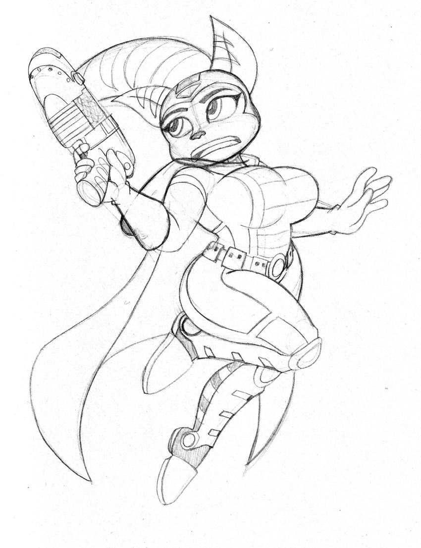 2022 angela_cross anthro belt boots breasts cape clothed clothing eyebrows female footwear gloves graphite_(artwork) gun handwear hi_res lombax looking_back mammal omegasunburst pencil_(artwork) ranged_weapon ratchet_and_clank sketch solo sony_corporation sony_interactive_entertainment traditional_media_(artwork) video_games weapon