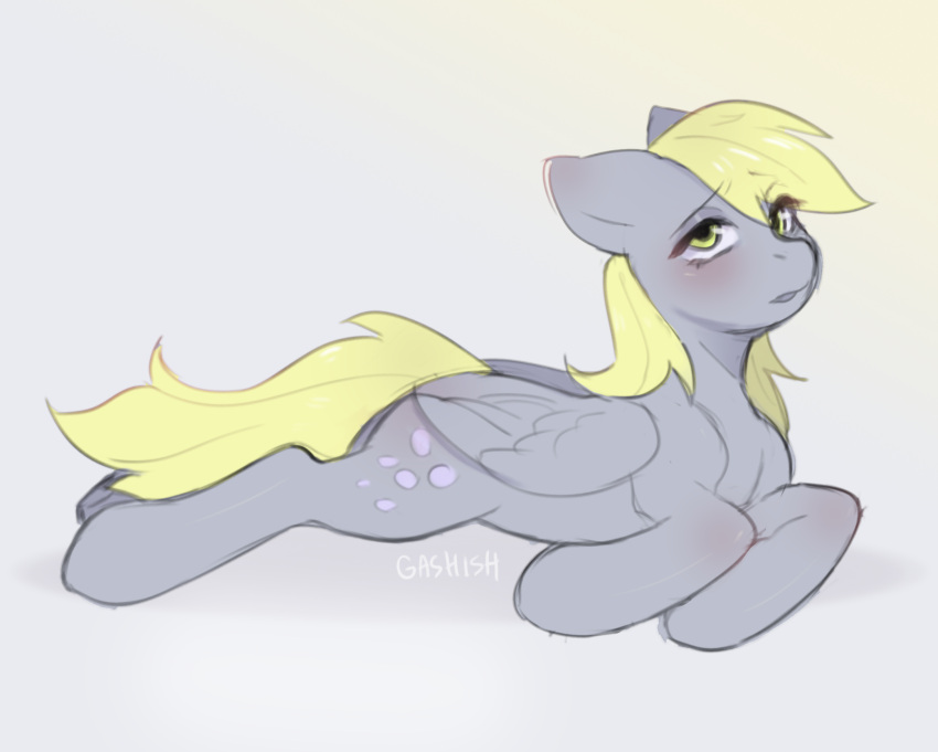 blonde_hair blush cutie_mark derpy_hooves_(mlp) equid equine eyelashes feathered_wings feathers female feral folded_wings friendship_is_magic ggashhhissh grey_body hair hasbro hi_res looking_at_viewer lying mammal my_little_pony pegasus simple_background solo wings yellow_eyes yellow_tail