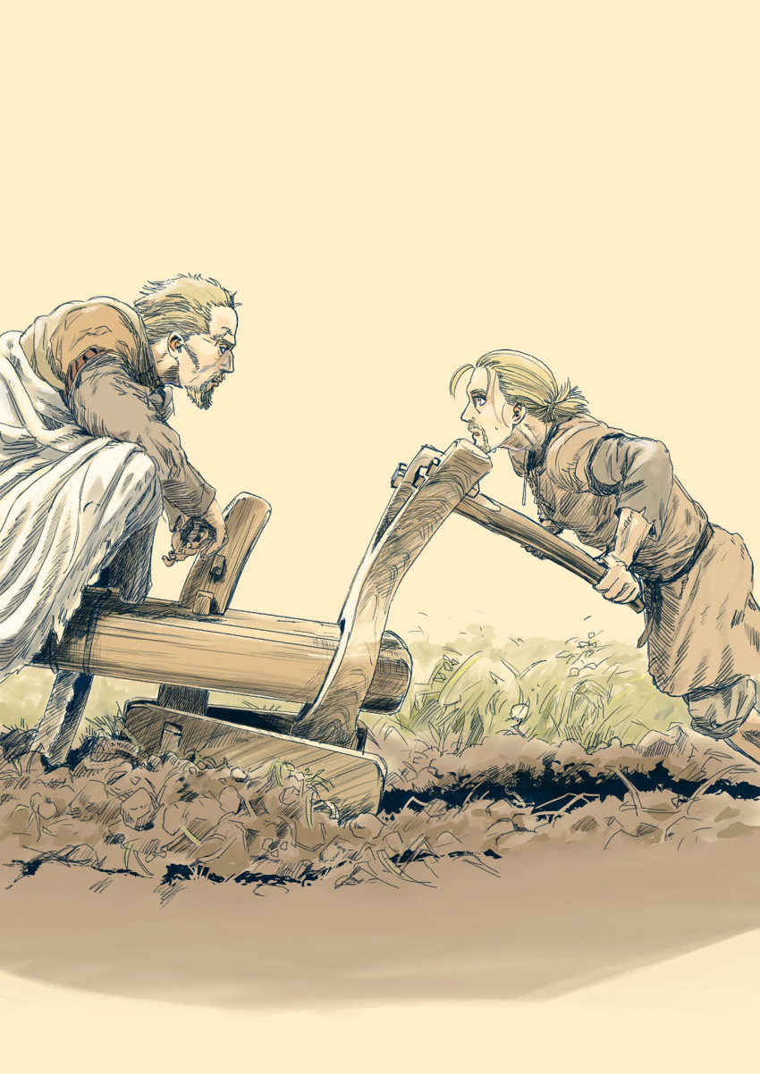 2boys askeladd blonde_hair facial_hair highres long_sleeves looking_at_another medium_hair multiple_boys outdoors ponytail short_hair thorfinn tunic user_uvyu8777 viking vinland_saga