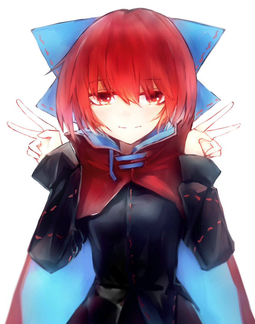 1girl absurdres black_shirt blue_bow blue_cloak bow cloak closed_mouth commentary_request double_v hair_between_eyes hands_up highres long_sleeves looking_at_viewer red_cloak red_eyes red_hair safutsuguon sekibanki shirt short_hair simple_background smile solo split_mouth straight-on touhou upper_body v white_background