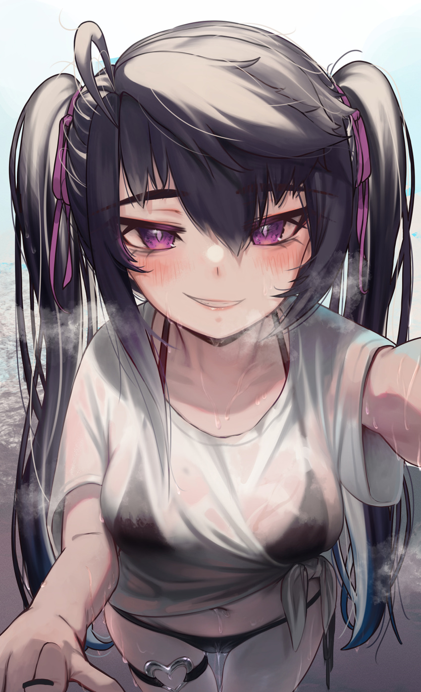 1girl absurdres ahoge bangs bikini bikini_under_clothes black_bikini black_hair blush breasts cowboy_shot grin hair_between_eyes hair_ribbon highres long_hair medium_breasts navel original priite_hari_(torriet) purple_eyes purple_ribbon ribbon see-through shirt short_sleeves smile solo swimsuit thigh_strap torriet twintails very_long_hair wet wet_clothes wet_shirt