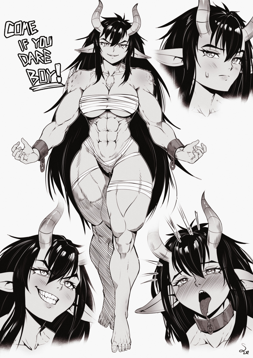 1girl abs absurdres ahegao bandages black_hair cuffs demon_girl highres horns long_hair multiple_views muscular muscular_female navel original pointy_ears shackles simple_background slit_pupils speedl00ver