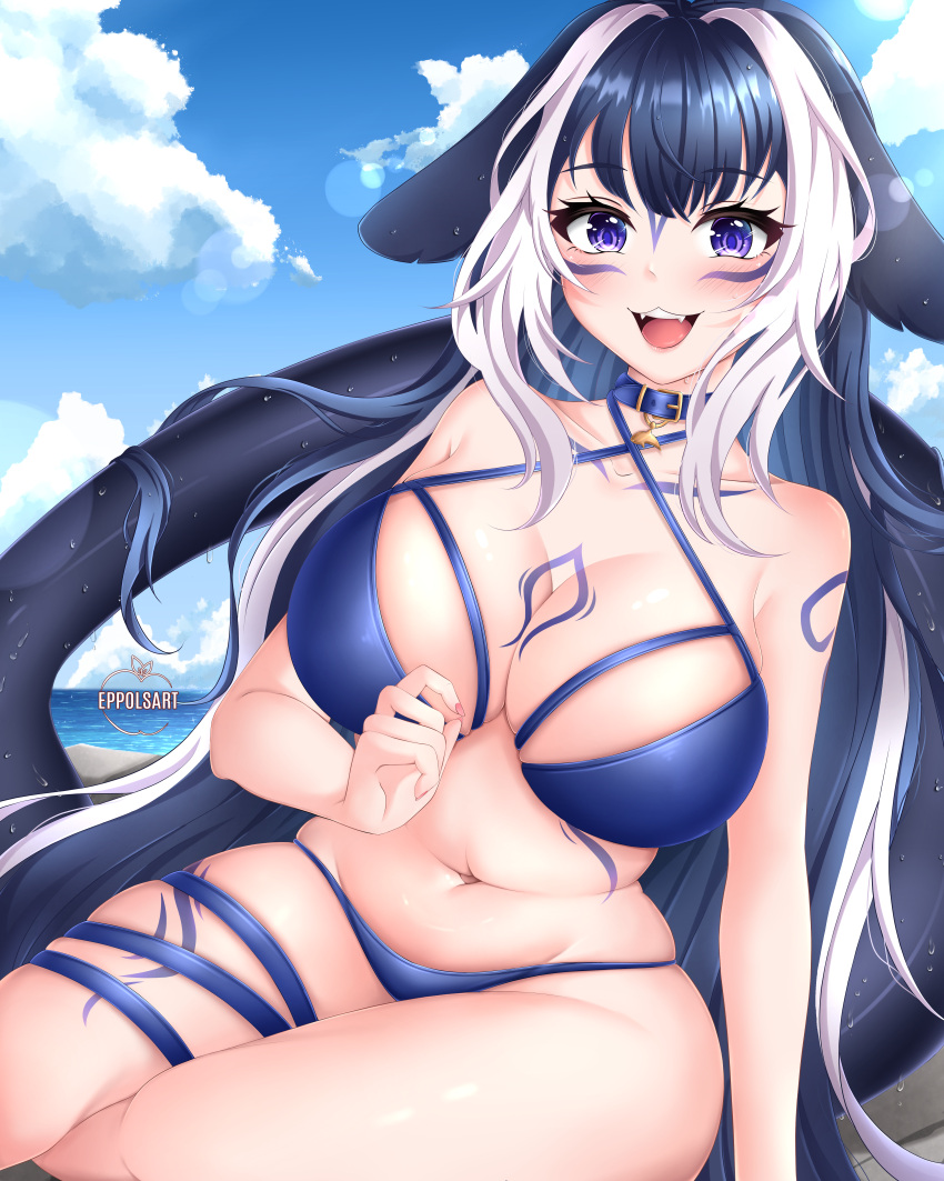 1girl absurdres animal_ears arm_tattoo artist_name belt_collar bikini bikini_under_clothes black_hair blue_bikini blue_collar blush breasts cetacean_tail chest_tattoo cleavage collar commentary criss-cross_halter eppols_art facial_tattoo fangs fish_tail halterneck highres indie_virtual_youtuber large_breasts leg_tattoo looking_at_viewer multicolored_hair navel open_mouth orca_girl purple_eyes shylily streaked_hair swimsuit tail tattoo thigh_strap thighs virtual_youtuber white_hair