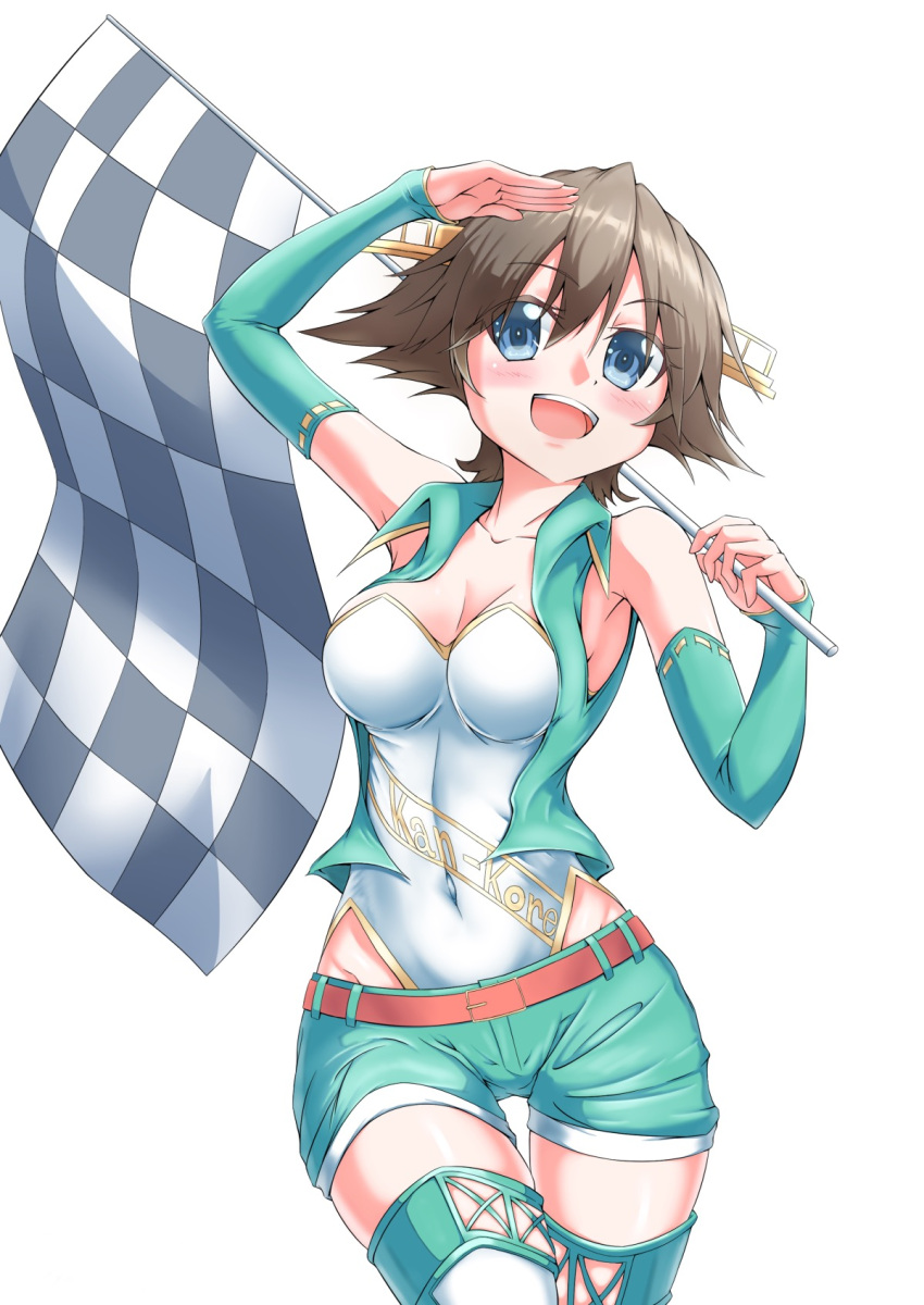 1girl arm_warmers blue_eyes boots breasts brown_hair cowboy_shot flag flipped_hair green_footwear green_vest hairband headgear hiei_(kancolle) highres holding holding_flag kantai_collection leotard leotard_under_clothes looking_at_viewer medium_breasts oohasikennta2002 open_mouth race_queen salute short_hair simple_background smile solo thigh_boots vest white_background