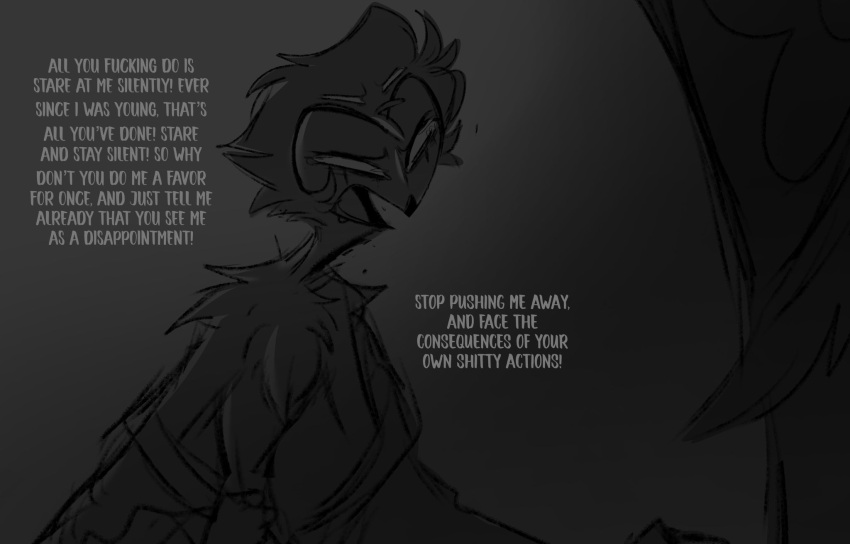 angry anthro avian bird bodily_fluids clothed clothing cocked_hip crying duo fur grey_eyes grey_text helluva_boss hi_res looking_away male owl owl_demon paimon_(helluva_boss) simple_background standing stolas_(helluva_boss) tears teathekook text topless yelling