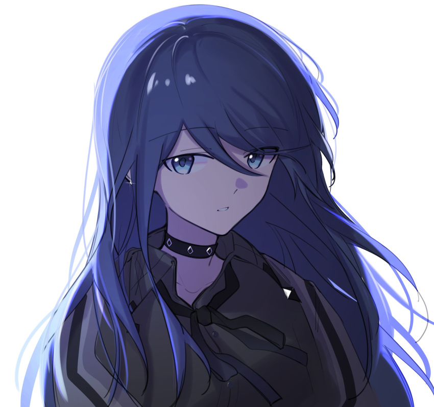 1girl backlighting bangs black_choker black_hair black_ribbon black_theme blue_eyes blue_theme choker close-up collarbone collared_shirt eyes_visible_through_hair floating_hair glint grey_jacket grey_shirt hair_between_eyes hibioes highres hoshino_ichika_(project_sekai) jacket limited_palette long_hair messy_hair neck_ribbon open_clothes open_jacket parted_lips project_sekai ribbon serious shiny shiny_hair shirt sideways_glance simple_background single_vertical_stripe solo striped striped_jacket studded_choker swept_bangs tsurime upper_body white_background