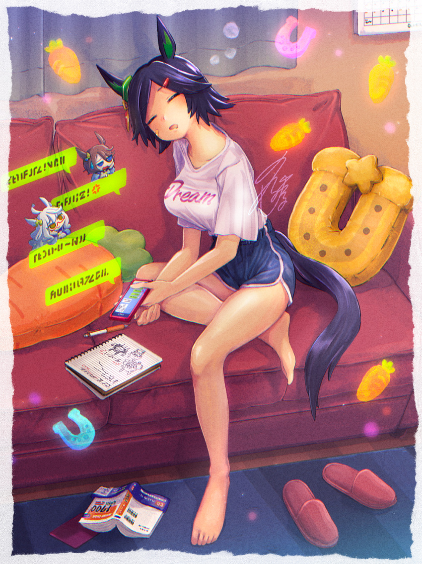 3girls ahoge anger_vein animal_ears artist_name bandaid bandaid_on_face bangs barefoot biwa_hayahide_(umamusume) black_shorts book carrot_pillow cellphone chibi closed_eyes clothes_writing couch curtains dolphin_shorts ear_ornament english_commentary feet highres holding holding_phone horse_ears horse_girl horse_tail horseshoe indoors knee_up legs loungewear multiple_girls narita_taishin_(umamusume) notebook on_couch pen phone pillow saliva sandals shirt short_hair short_shorts shorts signature sitting sleeping smartphone solo_focus speech_bubble sweatdrop swept_bangs t-shirt tail toes umamusume unajiru white_shirt winning_ticket_(full_power!_tantrum!!)_(umamusume)