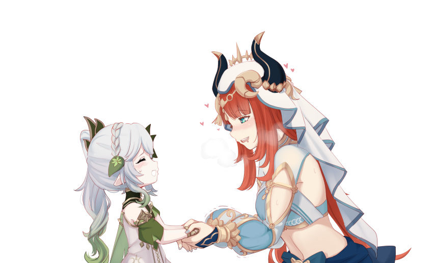 2girls bangs braid circlet closed_eyes clothing_cutout crop_top drooling forehead_jewel genshin_impact gold_trim hair_ornament heart heart-shaped_pupils heavy_breathing highres hiwonoafu holding_hands horns long_sleeves multiple_girls nahida_(genshin_impact) nilou_(genshin_impact) parted_bangs ponytail puffy_long_sleeves puffy_sleeves red_hair shrug_(clothing) simple_background skirt smile sweat symbol-shaped_pupils upper_body vambraces veil white_background white_hair yuri
