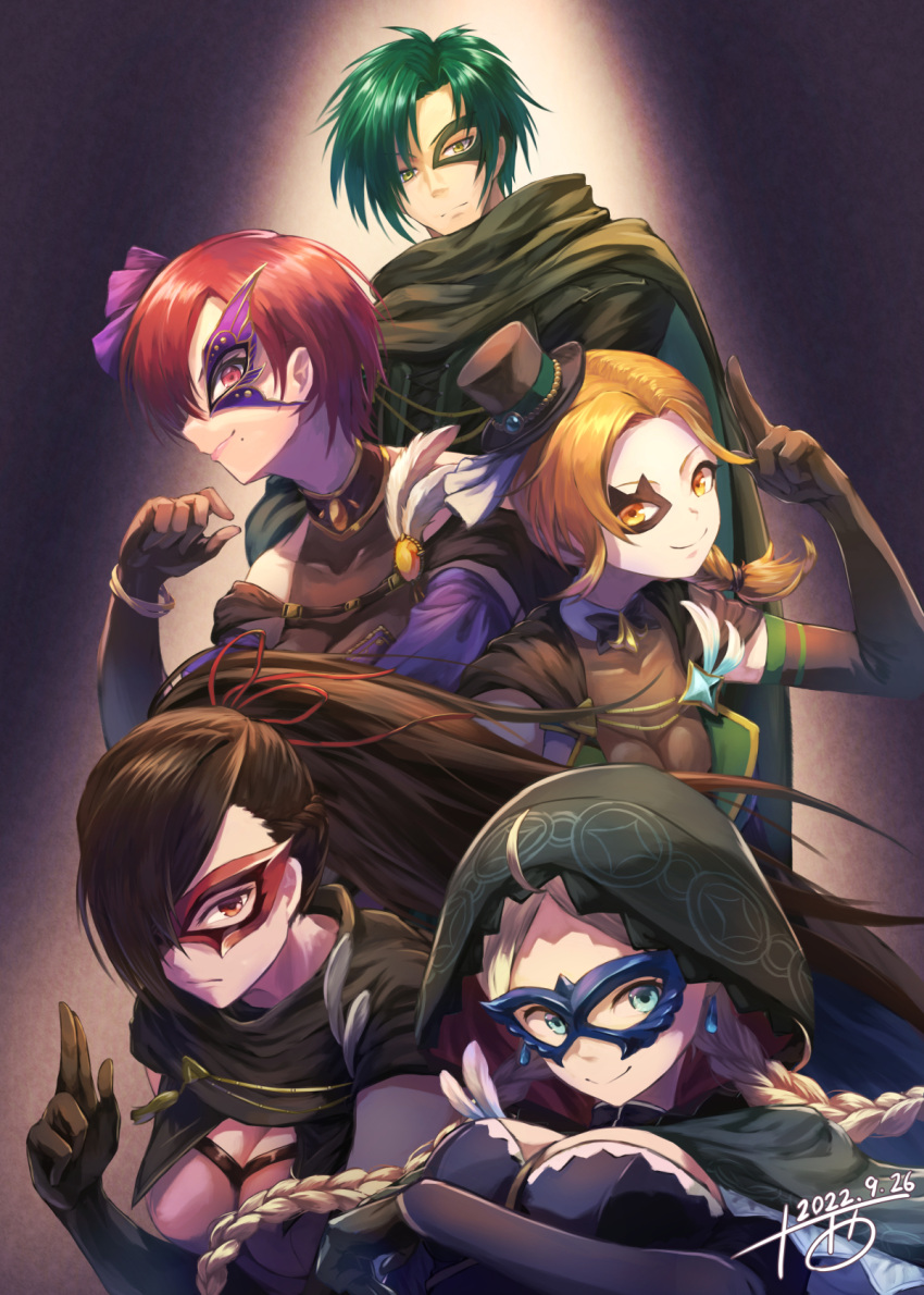 1boy 4girls ahoge bangs blue_eyes braid breasts brown_eyes brown_hair cath_(fire_emblem) closed_mouth commission earrings eye_mask fire_emblem fire_emblem:_radiant_dawn fire_emblem:_the_binding_blade fire_emblem:_the_blazing_blade fire_emblem_fates fire_emblem_heroes green_hair grey_hair hair_over_one_eye hat highres hood hood_up jewelry juunishi_aya kagero_(fire_emblem) large_breasts leila_(fire_emblem) long_hair looking_at_viewer low_twintails medium_breasts multiple_girls nina_(fire_emblem) orange_eyes orange_hair parted_bangs ponytail red_eyes red_hair skeb_commission smile sothe_(fire_emblem) top_hat twin_braids twintails yellow_eyes