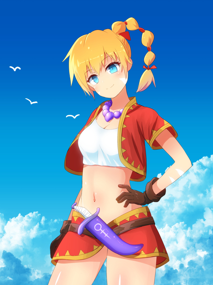 1girl bandages blonde_hair blue_eyes breasts chrono_cross closed_mouth cloud crop_top facial_mark gloves high_ponytail highres igamushi4848 jewelry kid_(chrono_cross) long_hair looking_at_viewer midriff multi-tied_hair navel necklace ponytail skirt smile solo vest