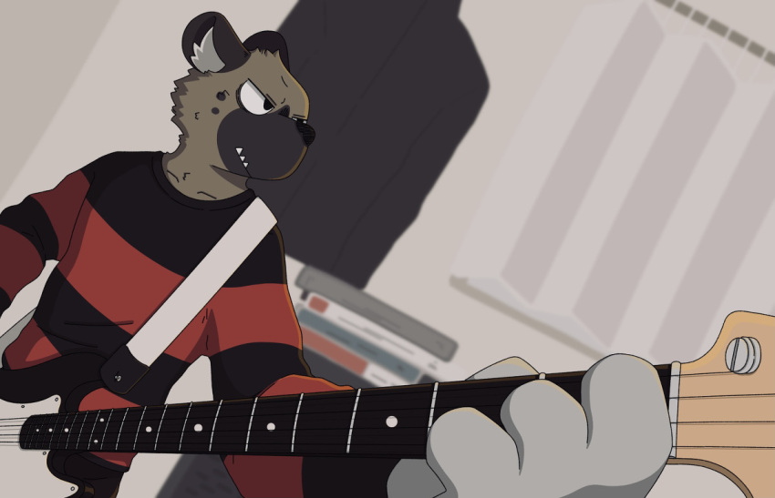 2021 4_fingers aggressive_retsuko anthro bass_guitar bent_arm black_bottomwear black_clothing black_ears black_nose black_pants bottomwear brown_body brown_face brown_fur brown_neck clothing curtains digital_media_(artwork) eyebrows fingers fur furniture grey_body grey_fur grey_hands grey_inner_ear_fluff guitar haida half-closed_eyes holding_object hyaenid inner_ear_fluff long_sleeves looking_at_object male mammal markings mouth_closed musical_instrument narrowed_eyes oonekoh pants pattern_clothing pattern_shirt pattern_topwear plucked_string_instrument sanrio shaded shirt snout solo spots spotted_hyena spotted_markings standing straps string_instrument striped_clothing striped_shirt striped_topwear stripes teeth three-quarter_view topwear tuft wall_(structure) window_sill