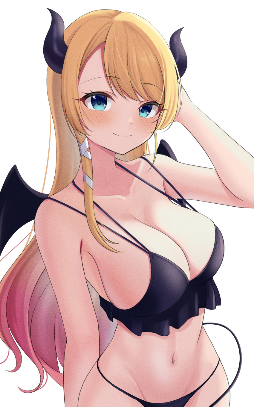 1girl 9696k absurdres asymmetrical_hair bangs bikini black_bikini blue_eyes blush breasts cleavage closed_mouth collarbone commentary cowboy_shot demon_girl demon_horns demon_tail demon_wings gradient_hair groin hair_ribbon hand_on_own_head highres hololive horns long_hair looking_at_viewer medium_breasts multicolored_hair navel pink_hair ribbon sidelocks simple_background smile solo standing stomach string_bikini swept_bangs swimsuit tail two-tone_hair virtual_youtuber white_background white_ribbon wings yuzuki_choco