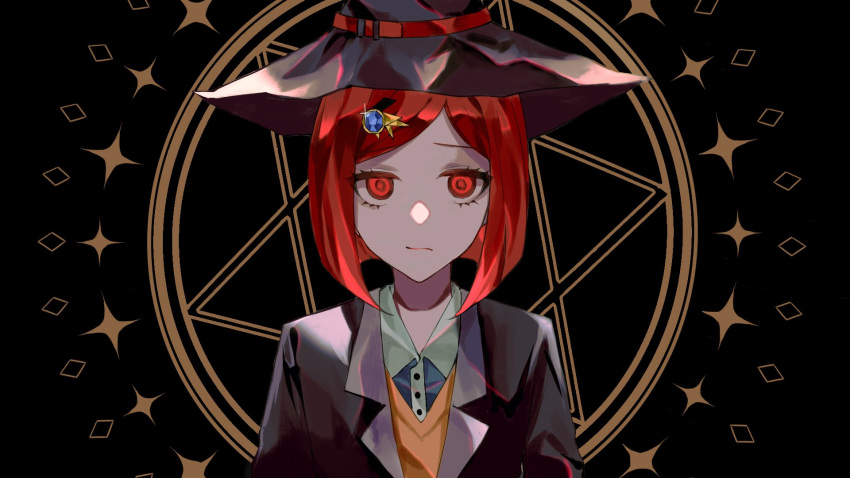 1girl bangs black_background black_headwear black_jacket brown_background brown_vest chu_dong closed_mouth collared_shirt danganronpa_(series) danganronpa_v3:_killing_harmony dress_shirt gem grey_shirt hair_ornament hat hexagram highres jacket looking_at_viewer open_clothes open_jacket red_eyes red_hair shiny shiny_clothes shirt short_hair solo star_of_david vest winter1116 witch_hat yumeno_himiko