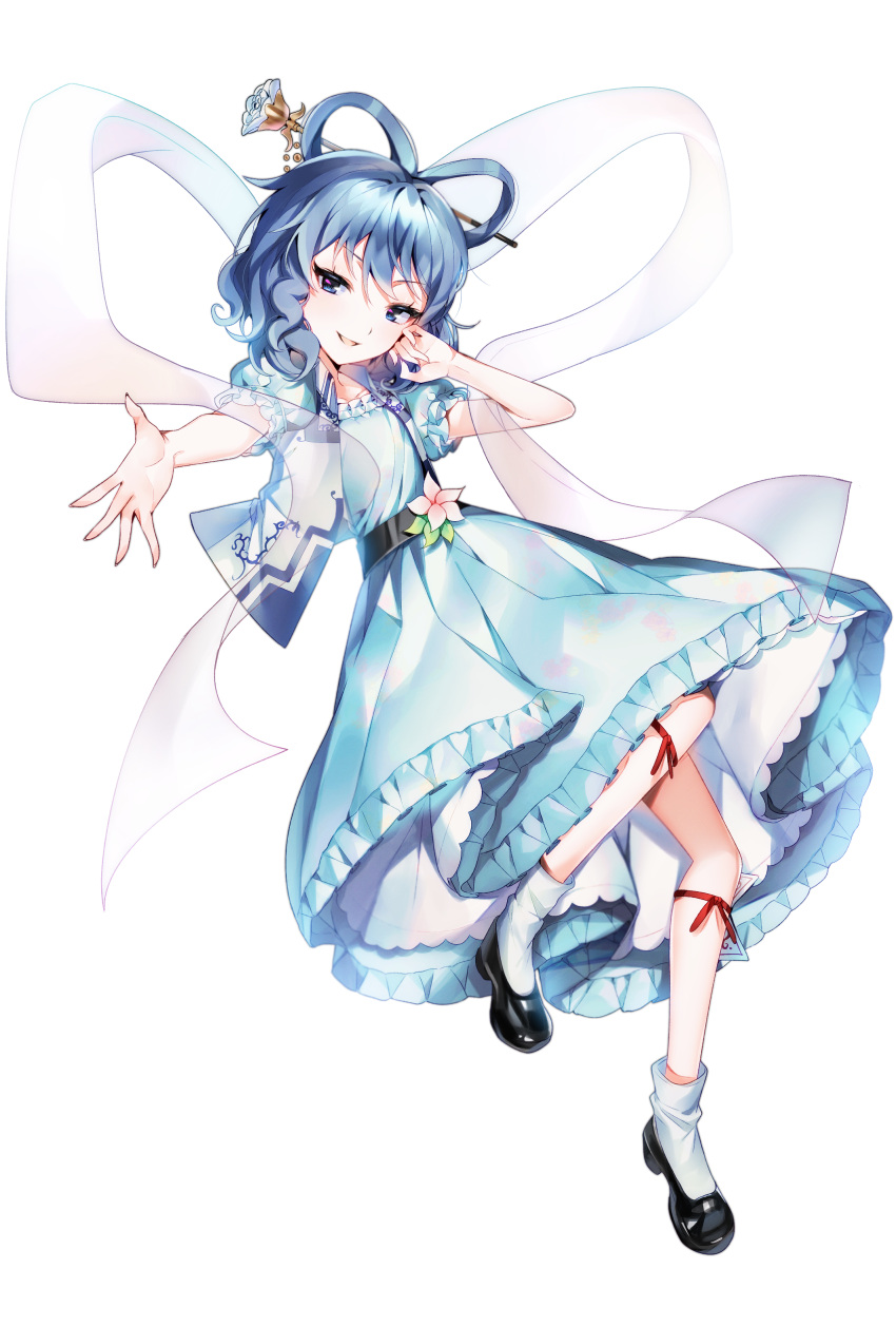 1girl :p absurdres bangs belt black_footwear blue_dress blue_eyes blue_hair bobby_socks commentary_request dress eyelashes flats full_body hagoromo hair_ornament hair_rings hair_stick hands_up highres j_(ppxx3543) jewelry kaku_seiga looking_at_viewer medium_hair ofuda open_clothes open_vest petticoat puffy_short_sleeves puffy_sleeves shawl shoes short_sleeves socks solo ten_desires tongue tongue_out touhou vest white_socks white_vest