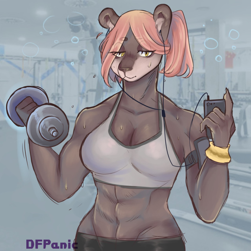 abs anthro bra breasts brown_body brown_fur cellphone cleavage clothed clothing docfurpanic dumbbell earbuds exercise female fur headphones hi_res listening_to_music mammal muscular muscular_anthro muscular_female narrowed_eyes phone smartphone solo sports_bra underwear ursid weightlifting weights workout yellow_eyes