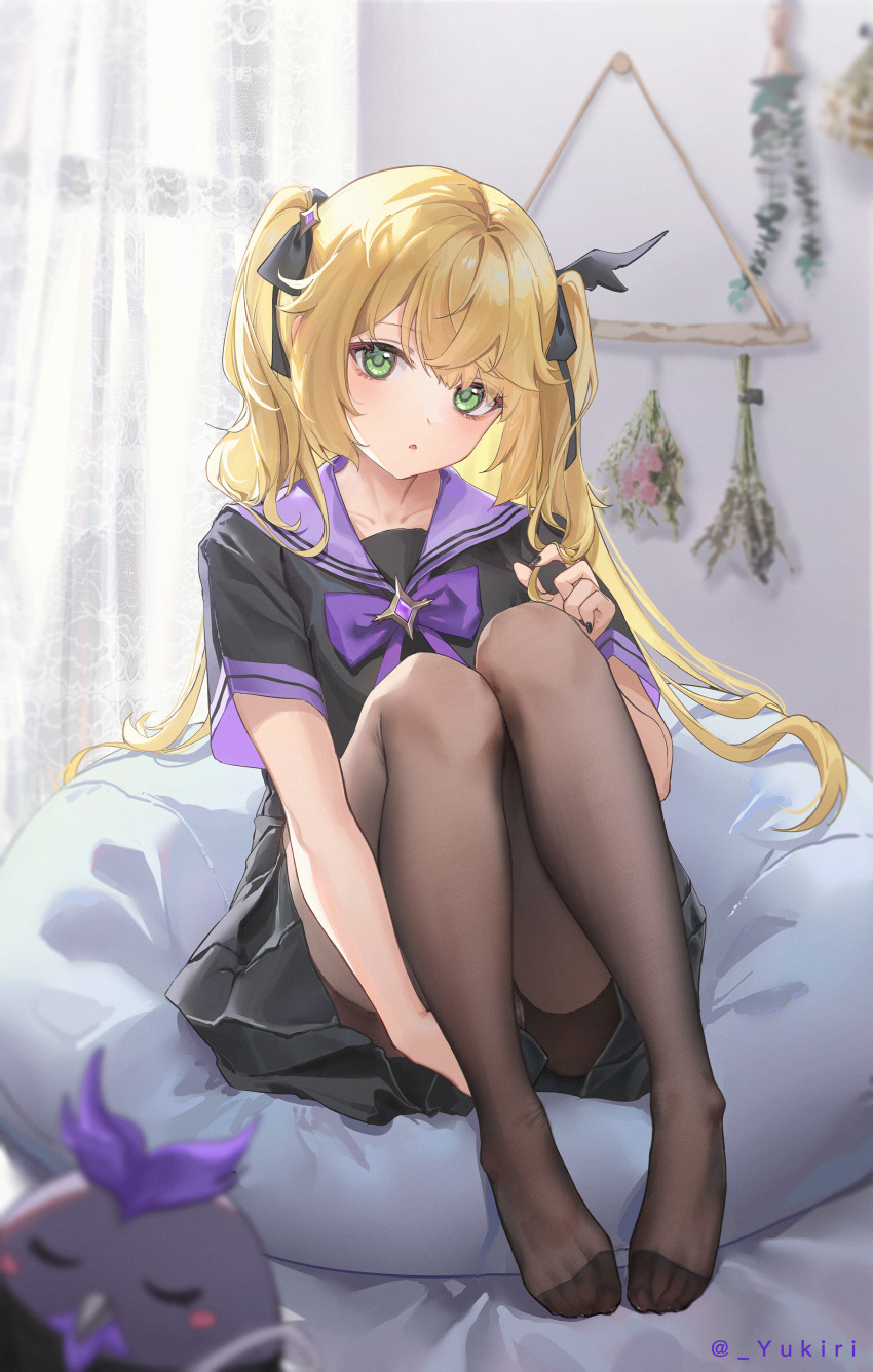 1girl absurdres alternate_costume black_nails black_pantyhose black_skirt blonde_hair blurry blurry_foreground commentary_request curtains feet fischl_(genshin_impact) genshin_impact green_eyes hair_ribbon highres indoors knees_up legs long_hair looking_at_viewer nail_polish no_eyepatch no_shoes on_bed oz_(genshin_impact) pantyhose parted_lips playing_with_own_hair purple_sailor_collar revision ribbon sailor_collar school_uniform see-through see-through_legwear serafuku short_sleeves sitting skirt solo toes twitter_username two_side_up yukiri_(l_ii)