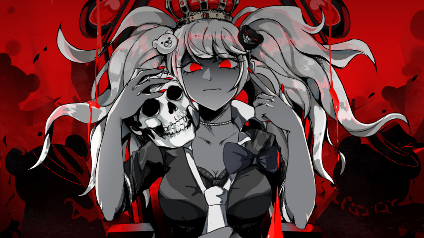 1girl bangs bear bow bra breasts cleavage collarbone crown danganronpa:_trigger_happy_havoc danganronpa_(series) enoshima_junko hands_up hat highres large_breasts long_hair milyoasis nail_polish necktie pink_eyes red_background red_eyes red_nails serious shiny shiny_hair shirt short_sleeves skull solo top_hat twintails underwear upper_body