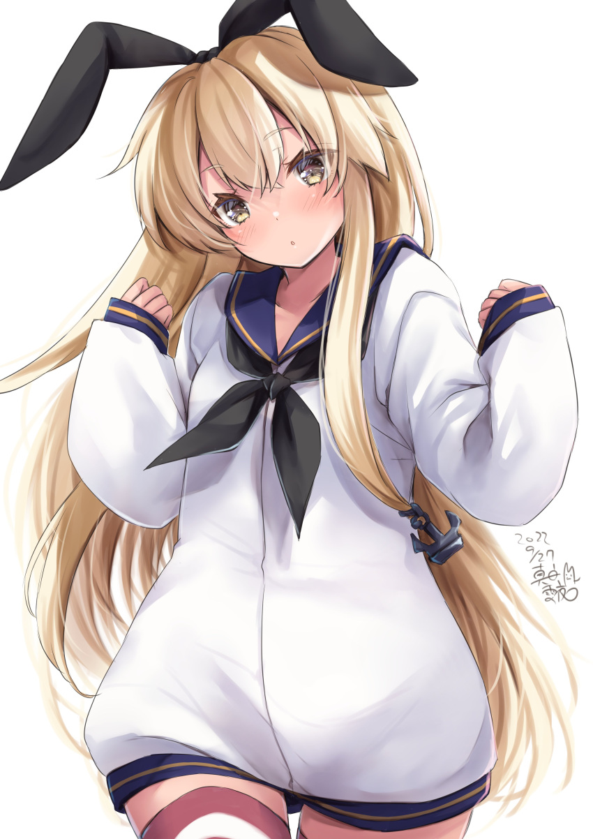 1girl :o absurdres adapted_costume alternate_costume anchor_hair_ornament black_hairband blonde_hair blue_sailor_collar cowboy_shot dated dress grey_eyes hair_between_eyes hair_ornament hairband highres kantai_collection long_hair long_sleeves looking_at_viewer mashiro_yukiya sailor_collar sailor_dress shimakaze_(kancolle) signature simple_background solo striped striped_thighhighs thighhighs white_background