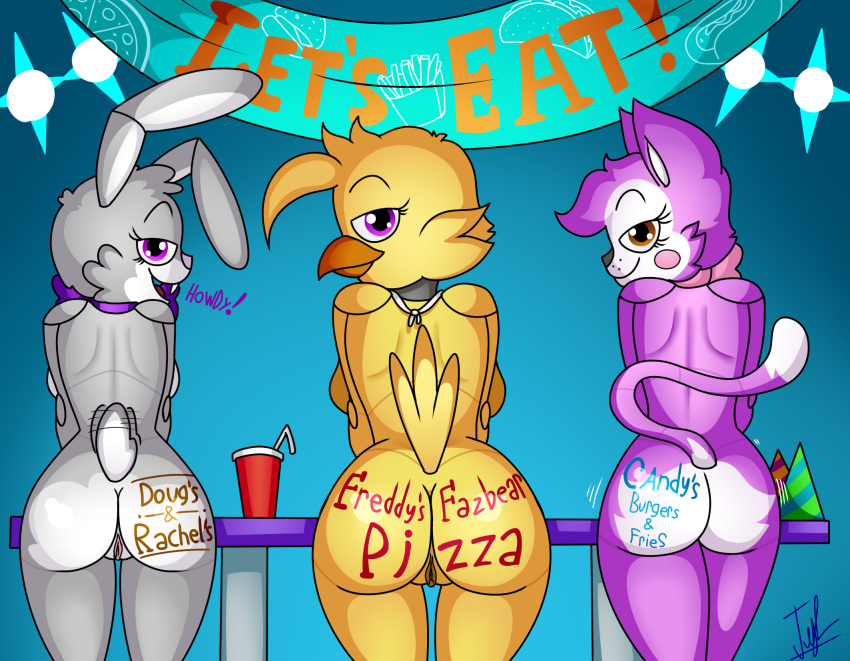 2021 animatronic anthro avian beak bib big_butt bird black_nose breasts brown_eyes buckteeth butt chica_(fnaf) chicken cindy_(fnac) clothing container cup dialogue digital_media_(artwork) domestic_cat eyebrows eyelashes fangame fazbear_fanverse felid feline felis female five_nights_at_candy's five_nights_at_freddy's furniture galliform gallus_(genus) genitals grey_body grey_hair group group_sex hair hat headgear headwear hi_res lagomorph lechugansfw leporid licking looking_at_viewer looking_back looking_back_at_viewer machine mammal multicolored_body narrowed_eyes open_mouth orange_beak party_hat phasianid pink_bow_tie pink_nose presenting presenting_hindquarters purple_body purple_bow_tie purple_eyes purple_hair pussy rabbit rachel_the_rabbit_(tnar) ribbons robot scottgames sex simple_background table teeth text those_nights_at_rachel's tongue tongue_out video_games white_body writing_on_butt yellow_body