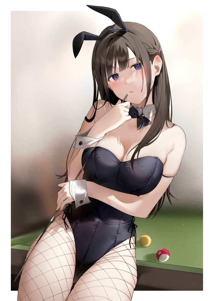1girl absurdres animal_ears arm_strap bangs bare_shoulders black_bow black_bowtie black_hair black_leotard blue_eyes blush bow bowtie breasts closed_mouth commentary_request detached_collar fake_animal_ears fishnet_pantyhose fishnets head_tilt highres large_breasts leotard long_hair looking_at_viewer mole mole_on_breast original pantyhose playboy_bunny pool_table rabbit_ears solo table thighs wrist_cuffs xretakex
