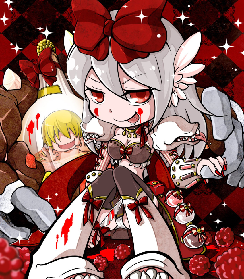 1boy 1girl :p armor bangs blonde_hair blood blood_on_face blood_splatter boots bow breasts brown_skirt brown_thighhighs checkered_background cleavage closed_mouth commentary_request dieter_(ragnarok_online) flask food fruit full_body genetic_(ragnarok_online) grey_hair hair_between_eyes hair_bow head_wings highres living_clothes long_hair looking_at_viewer love_morocc medium_breasts midriff miniskirt panties pantyshot pauldrons ragnarok_online raspberry red_background red_bow red_eyes red_nails round-bottom_flask shoulder_armor skirt smile sparkle teeth thighhighs tongue tongue_out underwear vambraces vial white_footwear white_panties white_wings wings