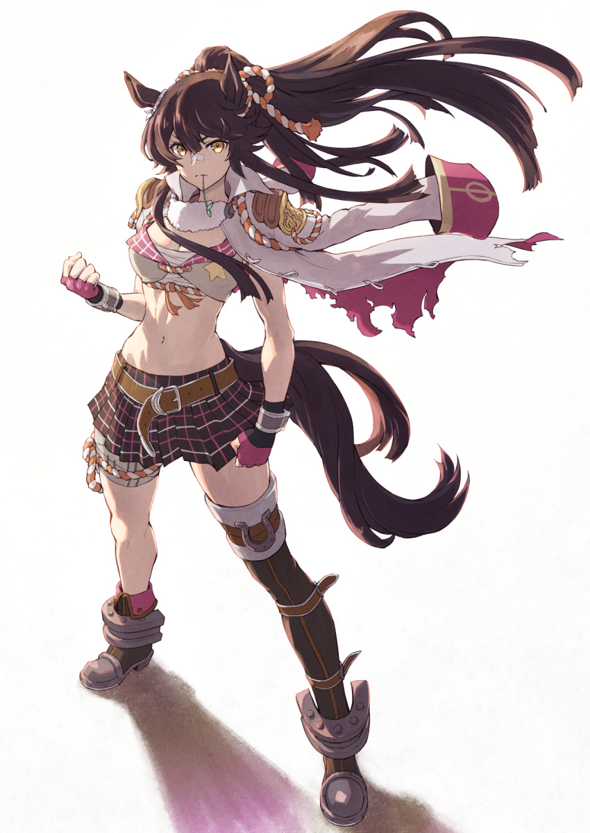 1girl asymmetrical_footwear bandages bandaid bandaid_on_face bandaid_on_nose bangs black_skirt boots brown_hair chest_sarashi clenched_hand commentary_request crop_top fingerless_gloves floating_hair full_body gloves hair_between_eyes highres jacket jacket_on_shoulders long_hair midriff narita_brian_(umamusume) navel plaid plaid_skirt ponytail sarashi simple_background skirt solo standing stomach tenkey2022 thigh_boots thighs umamusume very_long_hair white_background yellow_eyes