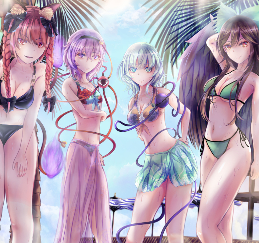 4girls animal_ears bow braid cat_ears cat_tail extra_ears floral_print hairband heart kaenbyou_rin komeiji_koishi komeiji_satori long_hair multiple_girls multiple_tails nekomata niradama_(nira2ratama) pink_hair pink_skirt red_eyes reiuji_utsuho shirt skirt tail third_eye touhou twin_braids two_tails wings yellow_shirt