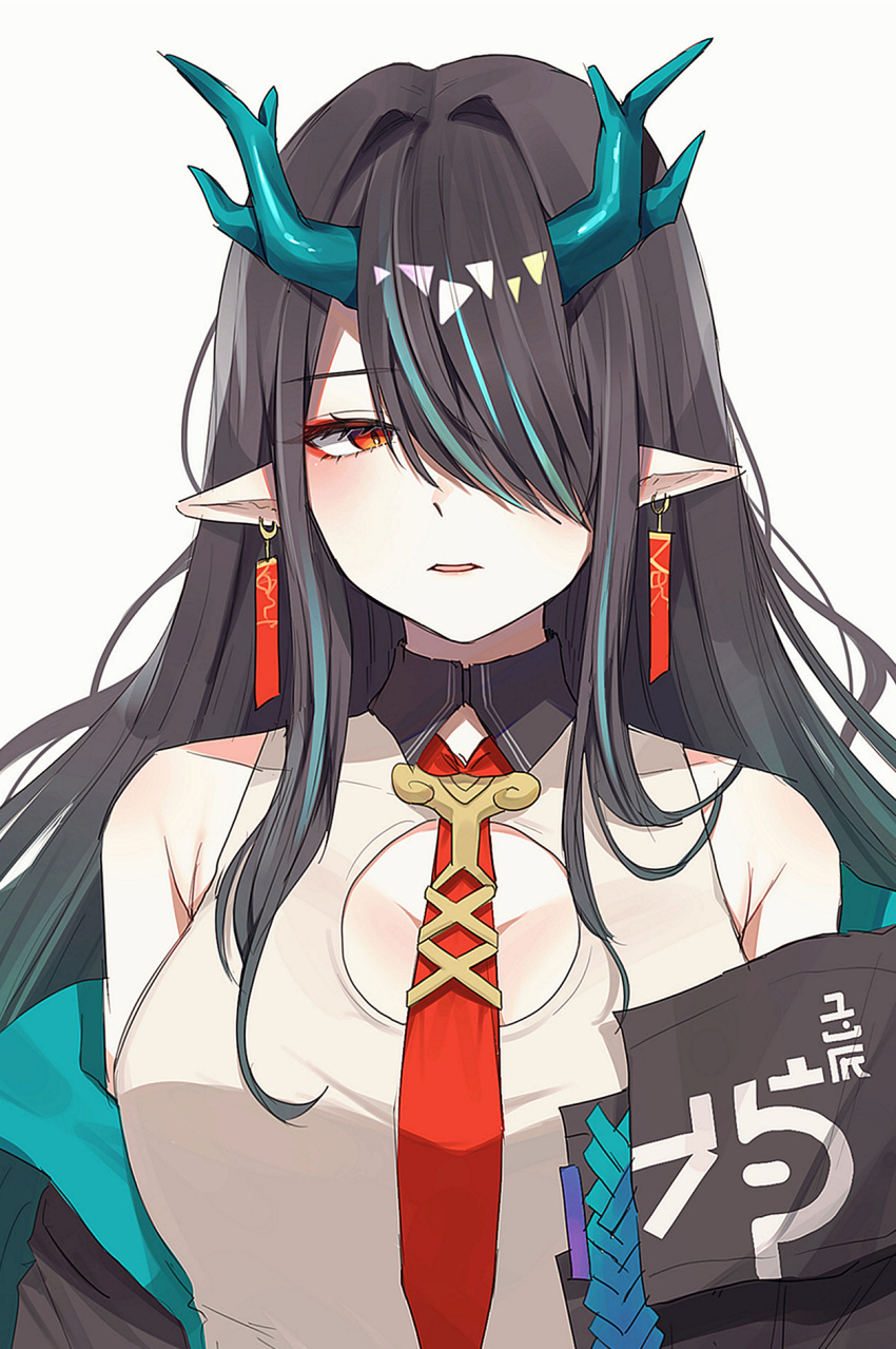 1girl arknights black_collar black_hair black_jacket breasts cleavage cleavage_cutout clothing_cutout collar dragon_horns dress dusk_(arknights) earrings green_hair hair_intakes hair_over_one_eye highres horns hyeroin jacket jewelry large_breasts looking_at_viewer multicolored_hair necktie off_shoulder one_eye_covered open_clothes open_jacket parted_lips pointy_ears red_eyes red_necktie sleeveless sleeveless_dress solo streaked_hair tassel tassel_earrings upper_body white_background white_dress