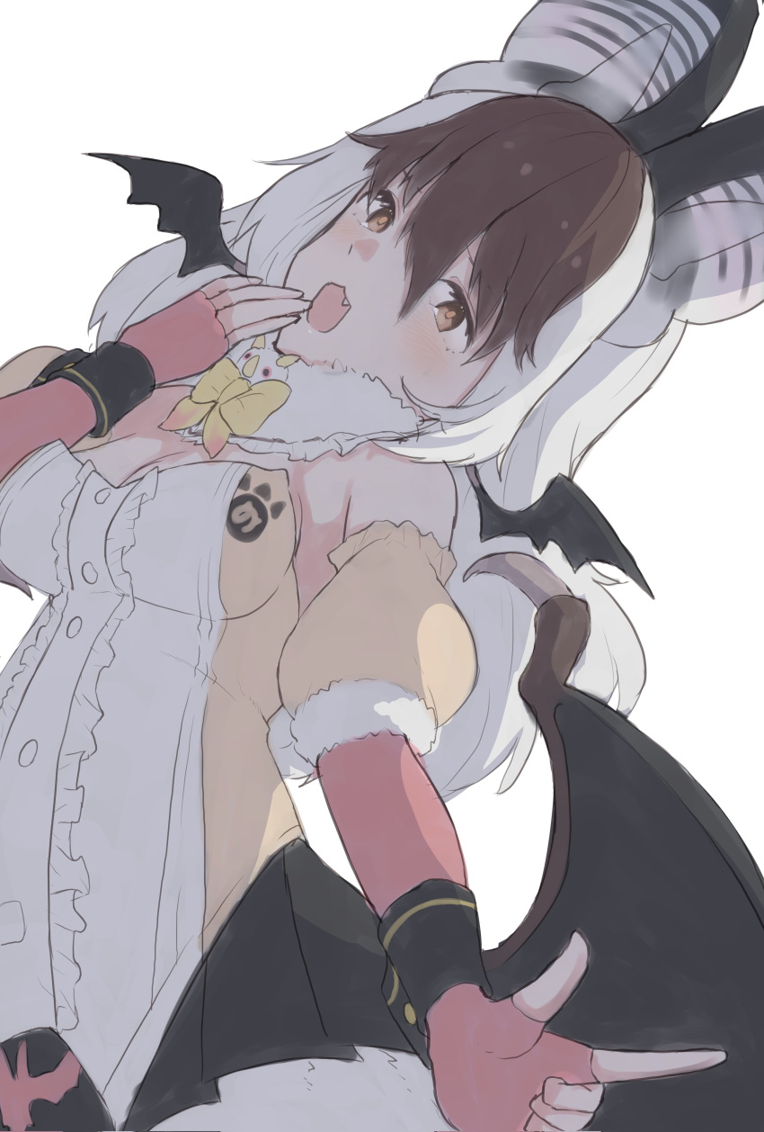 1girl absurdres animal_costume animal_ear_fluff animal_ears bat_wings bow bowtie brown_eyes brown_hair brown_long-eared_bat_(kemono_friends) elbow_gloves extra_ears gloves grey_hair highres kemono_friends kemono_friends_v_project leotard looking_at_viewer multicolored_hair open_mouth pantyhose scarf shimahai_love simple_background skirt smile solo virtual_youtuber wings