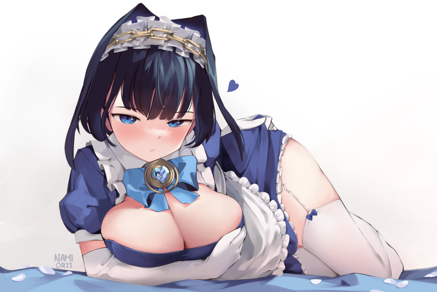 1girl absurdres alternate_costume artist_name black_hair blue_eyes blue_hair blush breast_rest breasts brooch chain cleavage closed_mouth collarbone dark_blue_hair dress elbow_gloves enmaided garter_straps gloves hair_intakes highres hololive hololive_english jewelry large_breasts looking_at_viewer lying maid medium_hair namiorii ouro_kronii simple_background solo thighhighs virtual_youtuber white_background white_gloves white_thighhighs zettai_ryouiki