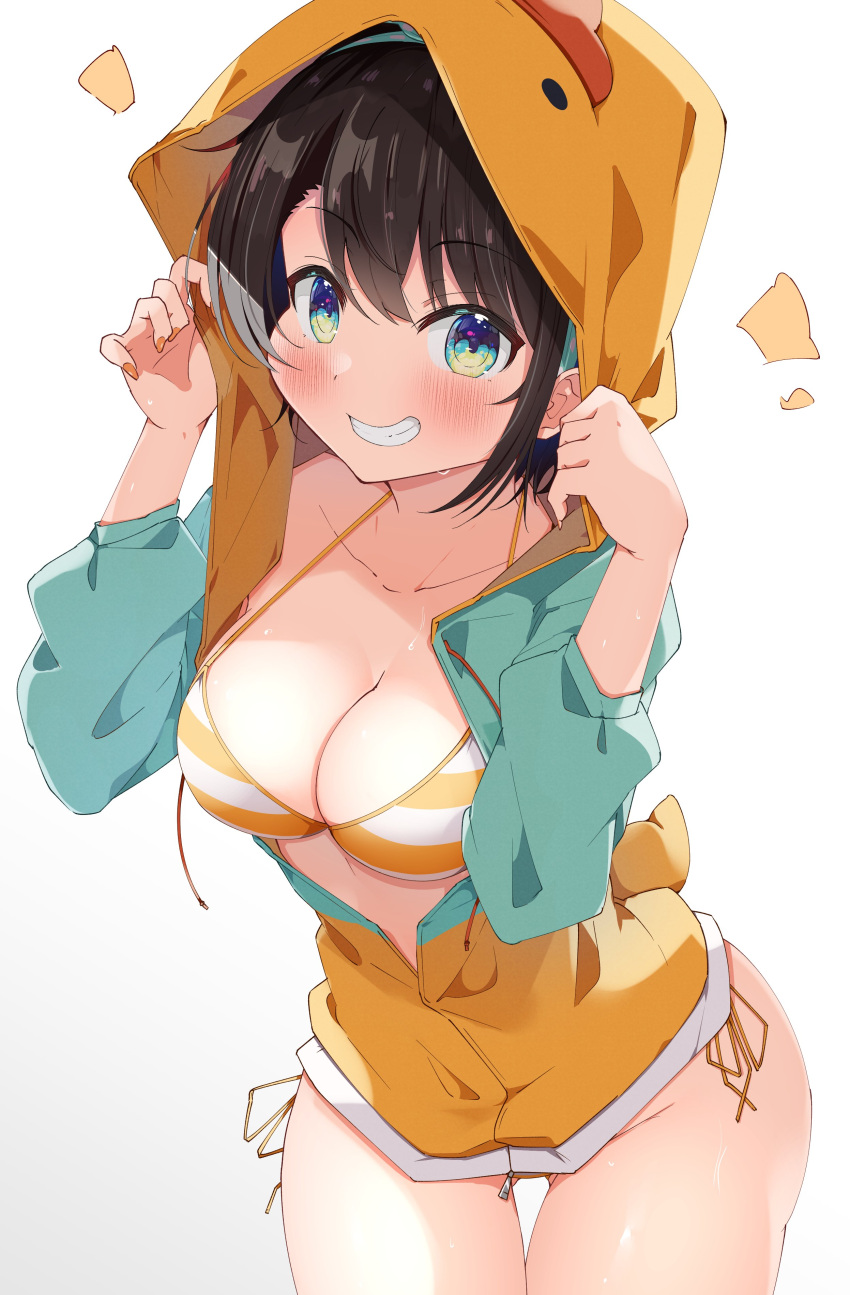 1girl absurdres aqua_eyes ass_visible_through_thighs bangs bikini bikini_under_clothes blush breasts brown_hair cleavage collarbone cowboy_shot grin hands_up highres holding_hoodie hololive hood hoodie kuno looking_at_viewer medium_breasts oozora_subaru open_clothes open_hoodie partially_unzipped short_hair side-tie_bikini_bottom simple_background smile solo striped striped_bikini swept_bangs swimsuit thigh_gap virtual_youtuber white_background wide_hips