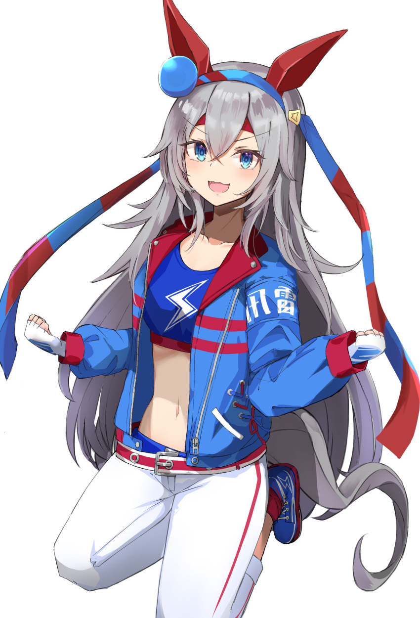 1girl absurdres animal_ears blue_footwear blue_jacket blue_sports_bra clenched_hands crop_top deen_(hnxp8555) ear_covers fingerless_gloves gloves hair_between_eyes headband highres horse_ears horse_girl horse_tail jacket leg_up lightning lightning_bolt_symbol long_hair looking_at_viewer pants shoes simple_background sneakers solo sports_bra tail tamamo_cross_(umamusume) umamusume unzipped very_long_hair white_background white_pants