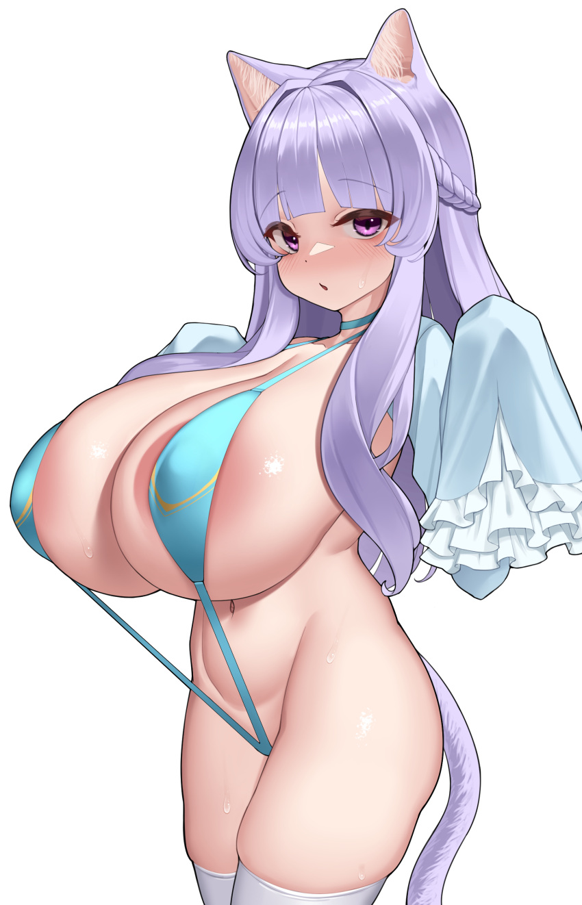 1girl absurdres animal_ears areola_slip bangs blue_one-piece_swimsuit blunt_bangs braid breasts cat_ears cat_girl cat_tail cleavage frilled_sleeves frills highres huge_breasts kaedeno_yuu large_areolae light_purple_hair long_hair looking_at_viewer navel original purple_eyes simple_background slingshot_swimsuit solo standing sweatdrop swimsuit tail thighhighs white_background white_thighhighs