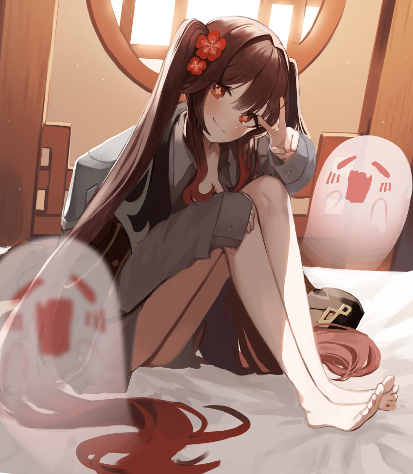 1girl absurdres bare_legs barefoot bed bed_sheet blush boo_tao_(genshin_impact) borrowed_garments brown_hair closed_mouth colored_tips cosplay feet flower flower-shaped_pupils genshin_impact ghost grey_shirt hair_flower hair_ornament highres hu_tao_(genshin_impact) indoors lattice legs long_hair long_legs long_sleeves looking_at_viewer multicolored_hair on_bed oversized_clothes plum_blossoms red_eyes red_flower seorang shirt sitting smile solo symbol-shaped_pupils toes twintails v very_long_hair zhongli_(genshin_impact) zhongli_(genshin_impact)_(cosplay)