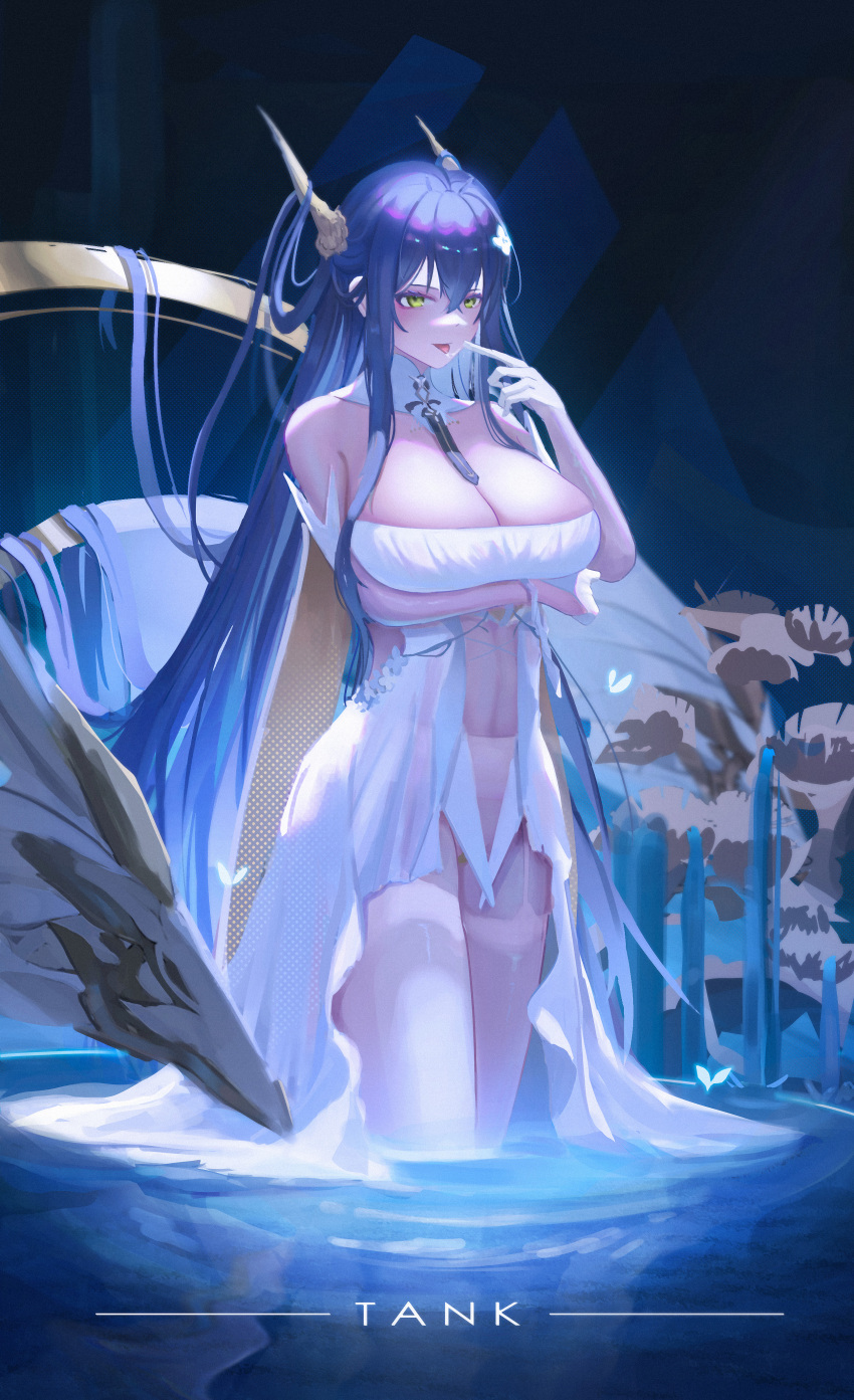 1girl absurdly_long_hair absurdres alternate_hair_color arms_under_breasts artist_name azur_lane bare_shoulders breast_hold breasts cleavage collar detached_collar dress finger_to_mouth gloves green_eyes hair_between_eyes half_gloves highres horns huge_breasts indomitable_(azur_lane) long_hair looking_at_viewer purple_hair revealing_clothes see-through see-through_legwear thighhighs top_tank very_long_hair wading white_collar white_dress white_garter_straps white_gloves white_thighhighs yellow_eyes