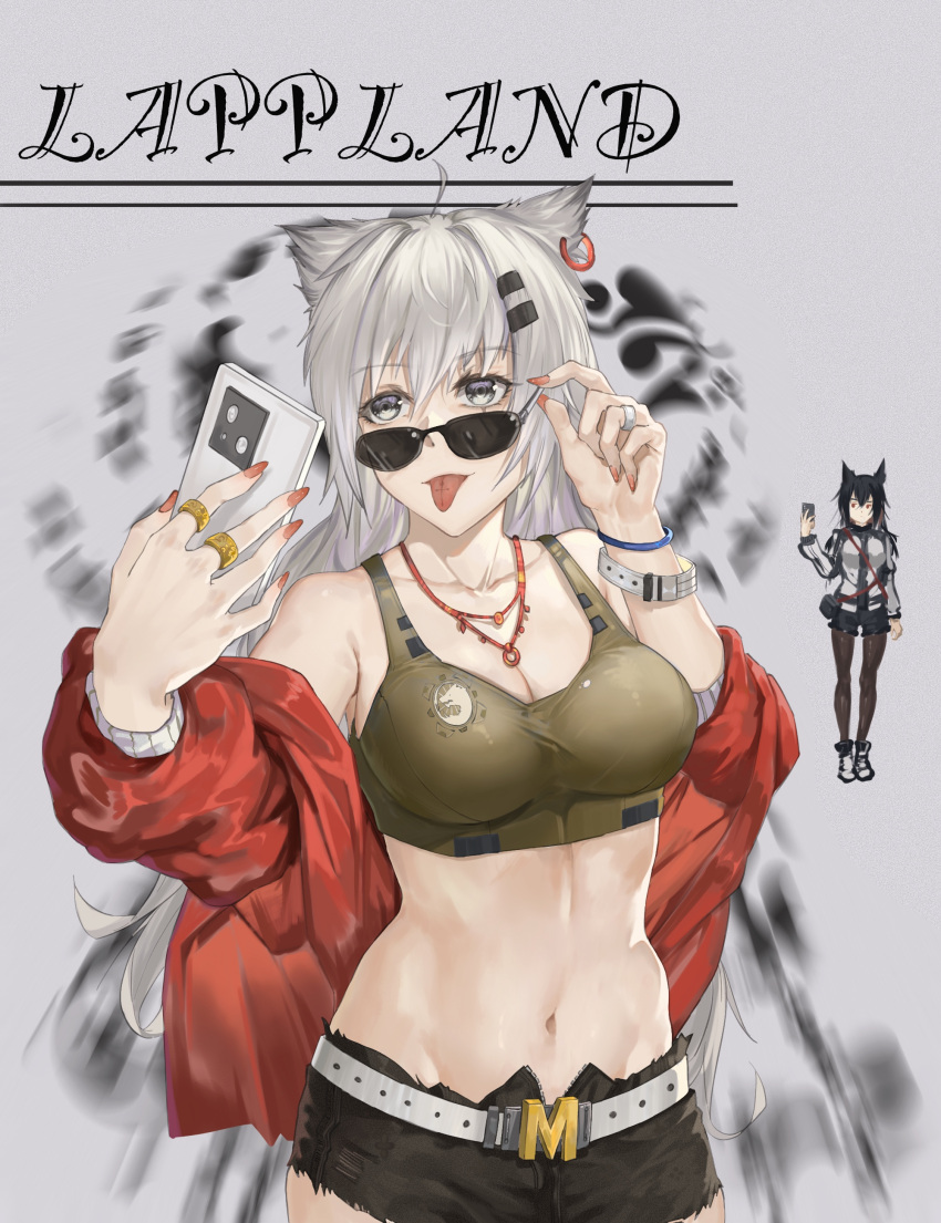 2girls :p absurdres ahoge alternate_costume animal_ears arknights bangs black_hair black_pantyhose black_shorts breasts cellphone character_name cleavage commentary crop_top grey_background grey_eyes grey_hair hair_ornament hairclip hands_up highres holding holding_phone jacket jewelry lappland_(arknights) large_breasts long_hair looking_at_viewer midriff multiple_girls nail_polish navel necklace off_shoulder pantyhose phone pink_nails red_jacket ring short_shorts shorts simple_background smartphone sports_bra stomach texas_(arknights) tongue tongue_out upper_body very_long_hair wolf_ears yu_ruo