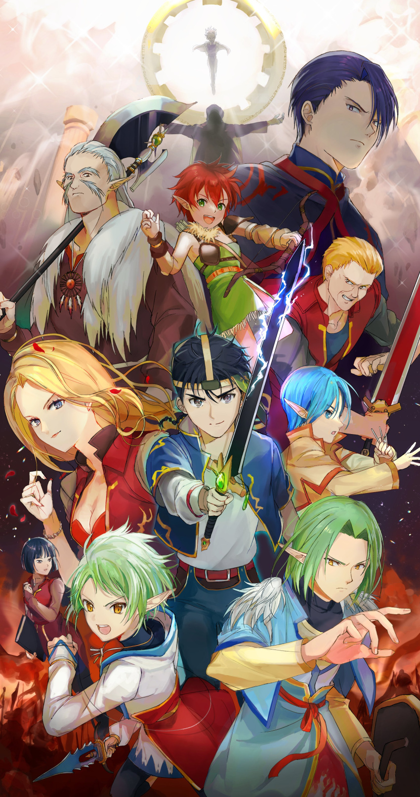 absurdres black_hair blonde_hair blue_eyes blue_hair breasts brown_eyes brown_hair character_request cleavage closed_mouth grandia grandia_xtreme green_hair highres jewelry long_hair looking_at_viewer multiple_boys multiple_girls pointy_ears red_hair short_hair smile sword weapon