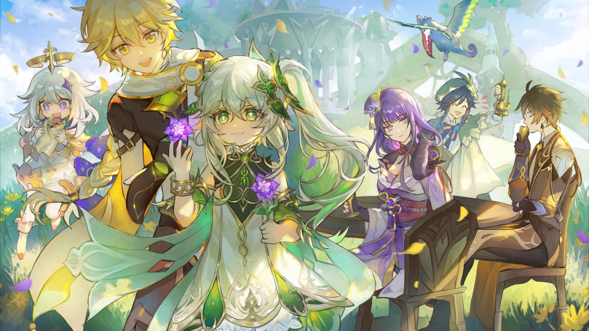 3boys 3girls :d ^_^ aether_(genshin_impact) ahoge armor beret bird black_gloves blonde_hair blue_eyes braid brown_hair cape chair closed_eyes closed_mouth collared_cape colored_tips commentary_request crop_top cup dress earrings falling_petals female_child floating flower flower-shaped_pupils food genshin_impact gloves gold_trim gradient_hair green_cape green_eyes green_hair green_headwear hair_ornament hat highres holding holding_cup holding_flower holding_food japanese_clothes jewelry kimono laoyepo long_hair long_sleeves looking_at_viewer low_ponytail mechanical_halo multicolored_hair multiple_boys multiple_girls nahida_(genshin_impact) obi obiage obijime open_mouth paimon_(genshin_impact) pauldrons petals pointy_ears purple_eyes purple_hair purple_kimono raiden_shogun sash scarf shoulder_armor shrug_(clothing) side_ponytail sidelocks single_earring single_pauldron sitting sleeveless sleeveless_dress smile standing sumeru_rose_(geshin_impact) symbol-shaped_pupils tassel tassel_earrings toucan twin_braids venti_(genshin_impact) white_hair white_scarf wide_sleeves yellow_eyes zhongli_(genshin_impact)