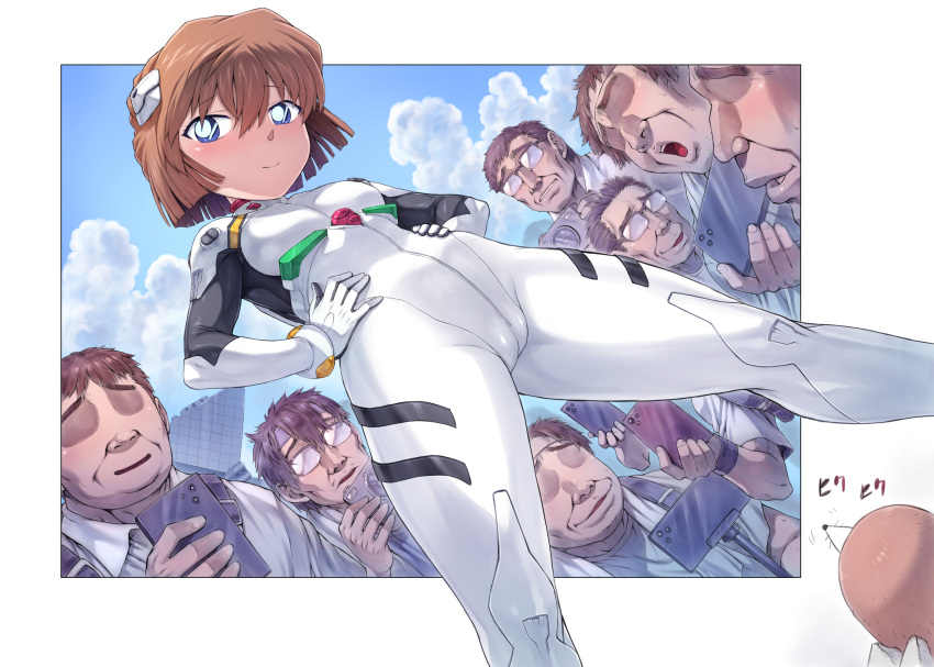 1girl 6+boys ayanami_rei ayanami_rei_(cosplay) blue_eyes blue_sky bodysuit breasts brown_hair cloud cosplay feet_out_of_frame female_child from_below haibara_ai hands_on_hips highres interface_headset looking_down meitantei_conan mogudan mole multiple_boys neon_genesis_evangelion photographer plugsuit short_hair sky small_breasts standing tokyo_big_sight white_bodysuit