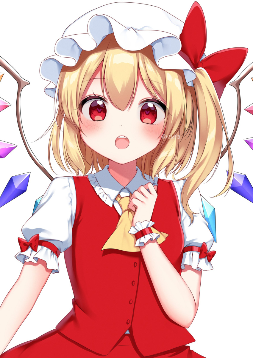 1girl absurdres ascot bangs blonde_hair bow breasts buttons collared_shirt commentary_request crystal flandre_scarlet hair_between_eyes hand_up hat hat_ribbon heart heart-shaped_pupils highres jewelry medium_breasts mob_cap multicolored_wings one_side_up puffy_short_sleeves puffy_sleeves red_bow red_eyes red_ribbon red_skirt red_vest ribbon shinonome_asu shirt short_hair short_sleeves simple_background skirt skirt_set solo symbol-shaped_pupils teeth tongue touhou twitter_username vest white_background white_headwear white_shirt wings wrist_cuffs yellow_ascot