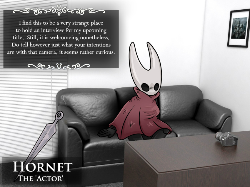 2020 4:3 anthro arthropod biped black_body breasts camera casting_couch character_name cloak clothed clothing crystaluranium dialogue english_text fecharis female furniture hollow_knight hornet's_needle hornet_(hollow_knight) insect inside interview meme photo_background recording red_cloak silksong sitting sofa solo team_cherry text text_box video_games weapon white_body