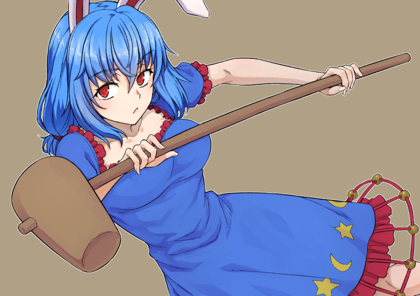 1girl :&lt; animal_ears blue_dress blue_hair breasts dress expressionless kakone kine large_breasts looking_at_viewer mallet outline rabbit_ears red_eyes seiran_(touhou) short_sleeves solo star_(symbol) star_print touhou white_outline