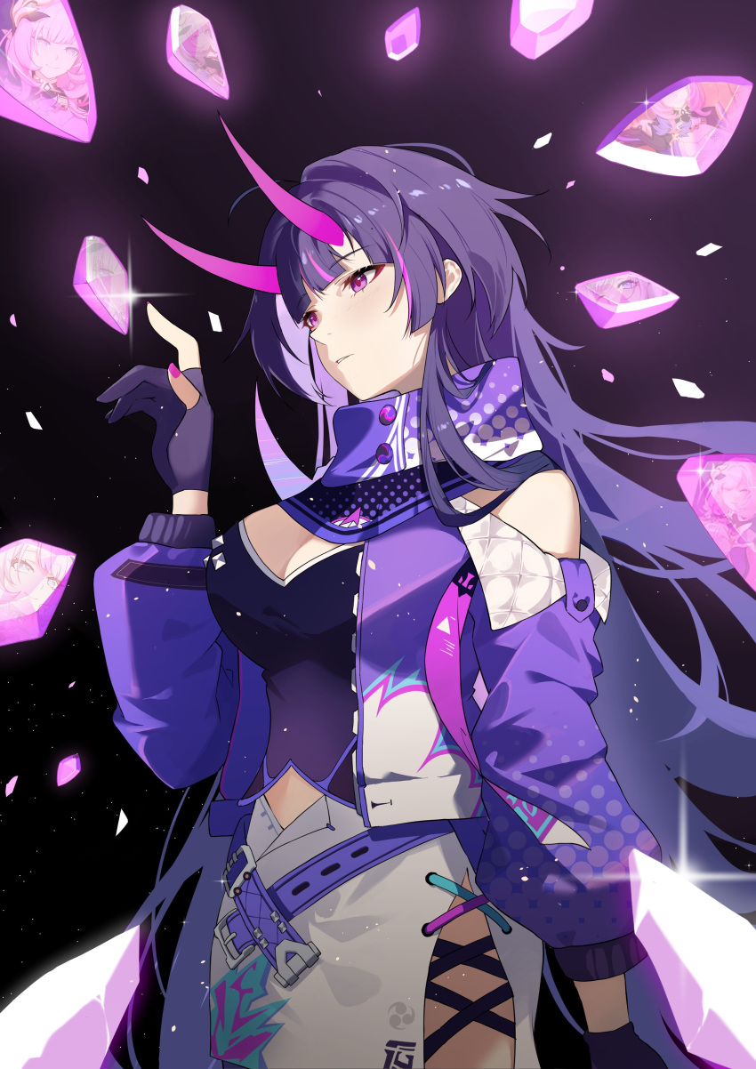 1girl absurdres breasts cleavage gloves highres honkai_(series) honkai_impact_3rd horns jacket looking_away mush_(mushlicious) nail_polish official_alternate_costume parted_lips partially_fingerless_gloves purple_eyes purple_hair purple_jacket purple_scarf raiden_mei raiden_mei_(herrscher_of_thunder) scarf second-party_source solo standing
