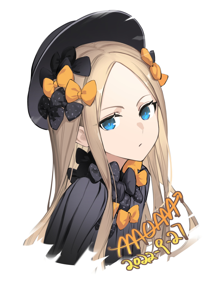 1girl 9_vcat abigail_williams_(fate) absurdres bangs black_bow black_dress black_headwear blonde_hair blue_eyes bow breasts dated dress fate/grand_order fate_(series) forehead hair_bow hat highres long_hair long_sleeves looking_at_viewer multiple_bows orange_bow parted_bangs polka_dot polka_dot_bow ribbed_dress small_breasts solo