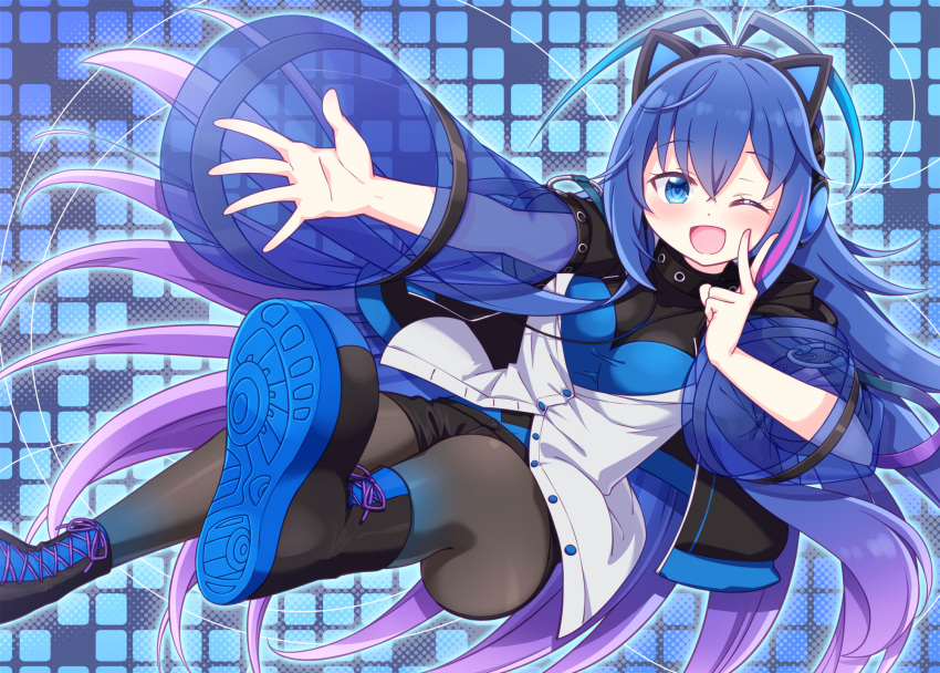 1girl ;d animal_ear_headphones animal_ears antenna_hair bangs black_footwear black_jacket black_pantyhose black_shorts blue_eyes blue_hair blue_jacket blush breasts commentary_request commission fake_animal_ears feet_out_of_frame gradient_hair hair_between_eyes harada_(sansei_rain) highres indie_virtual_youtuber jacket legwear_under_shorts long_hair looking_at_viewer medium_breasts multicolored_hair one_eye_closed open_clothes open_jacket open_mouth pantyhose purple_hair see-through see-through_sleeves shirt shoe_soles shoes short_shorts shorts skeb_commission smile solo streaked_hair very_long_hair virtual_youtuber white_shirt wide_sleeves yorisaka_lemay