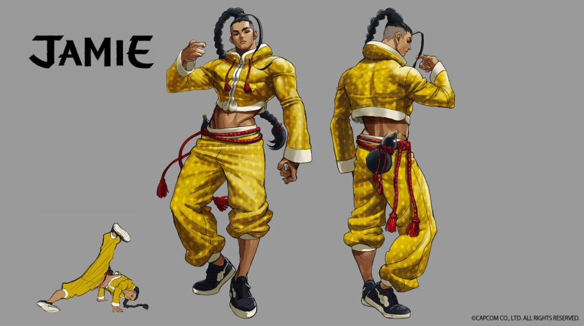 1boy antenna_hair black_hair braid braided_ponytail breakdance capcom character_name chinese_clothes copyright crop_top full_body gourd jamie_(street_fighter) midriff multiple_views navel official_art reference_sheet shoes sneakers street_fighter street_fighter_6 takayuki_nakayama turnaround