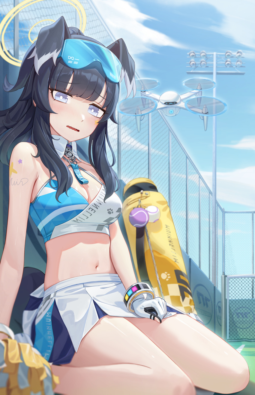 1girl absurdres animal_ears bandaid bangs bare_shoulders black_hair blue_archive blue_eyes blue_sky blurry blush breasts chain-link_fence cheerleader cleavage crop_top cryturtle day dog_ears dog_girl dog_tail drone eyewear_on_head fence gloves goggles goggles_on_head halo hibiki_(blue_archive) hibiki_(cheerleader)_(blue_archive) highres holding holding_pom_poms long_hair looking_at_viewer medium_breasts midriff miniskirt navel open_mouth outdoors pleated_skirt pom_pom_(cheerleading) sitting skirt sky solo sticker_on_arm sticker_on_face stomach sunglasses tail thighs white_gloves white_skirt