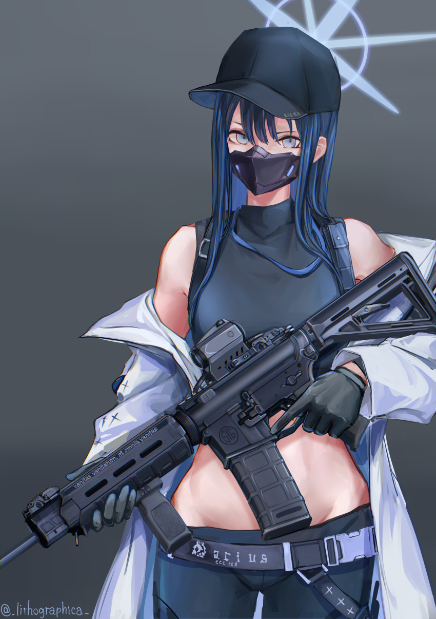 1girl absurdres assault_rifle bangs baseball_cap belt black_gloves black_headwear black_mask blue_archive blue_eyes blue_hair blue_pants blue_shirt feet_out_of_frame gloves grey_background gun hat highres holding holding_gun holding_weapon jacket jacket_pull lithographica long_hair long_sleeves looking_at_viewer masked open_clothes open_jacket pants rifle saori_(blue_archive) shirt sig_516 solo standing twitter_username weapon white_jacket