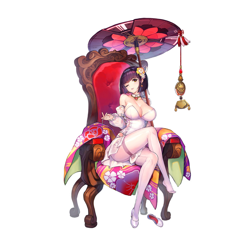 1girl bangs breasts chinese_knot choker cleavage collarbone corset crossed_legs daika_(last_origin) detached_sleeves earrings feet floral_print flower frilled_sleeves frills full_body game_cg gem hair_flower hair_ornament hair_ribbon heart heart_necklace highres japanese_clothes jewelry kimono kimono_removed lace_trim large_breasts last_origin legs looking_at_viewer microskirt mole mole_under_eye multicolored_clothes multicolored_kimono necklace o-ring o-ring_choker official_alternate_costume official_art one_eye_closed paintale pantyhose parasol parted_lips pink_flower print_kimono purple_hair red_gemstone ribbon seamed_legwear see-through see-through_sleeves shoe_removed shoes short_hair side-seamed_legwear single_shoe sitting skirt solo tachi-e throne transparent_background umbrella undressing white_choker white_corset white_flower white_footwear white_pantyhose white_ribbon white_skirt yellow_eyes yellow_flower
