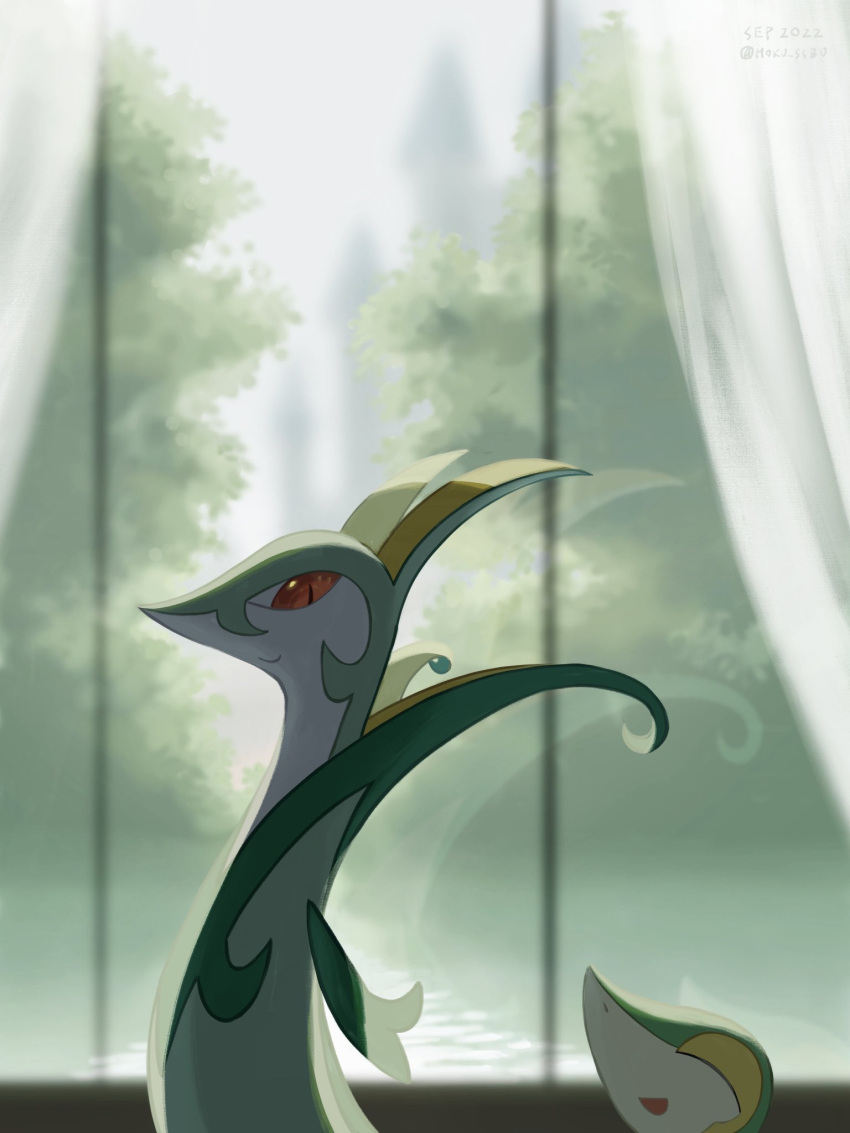 closed_mouth commentary curtains dated day from_side highres looking_down mokuzou_(moku_ssbu) no_humans pokemon pokemon_(creature) red_eyes serperior smile snivy symbol-only_commentary twitter_username